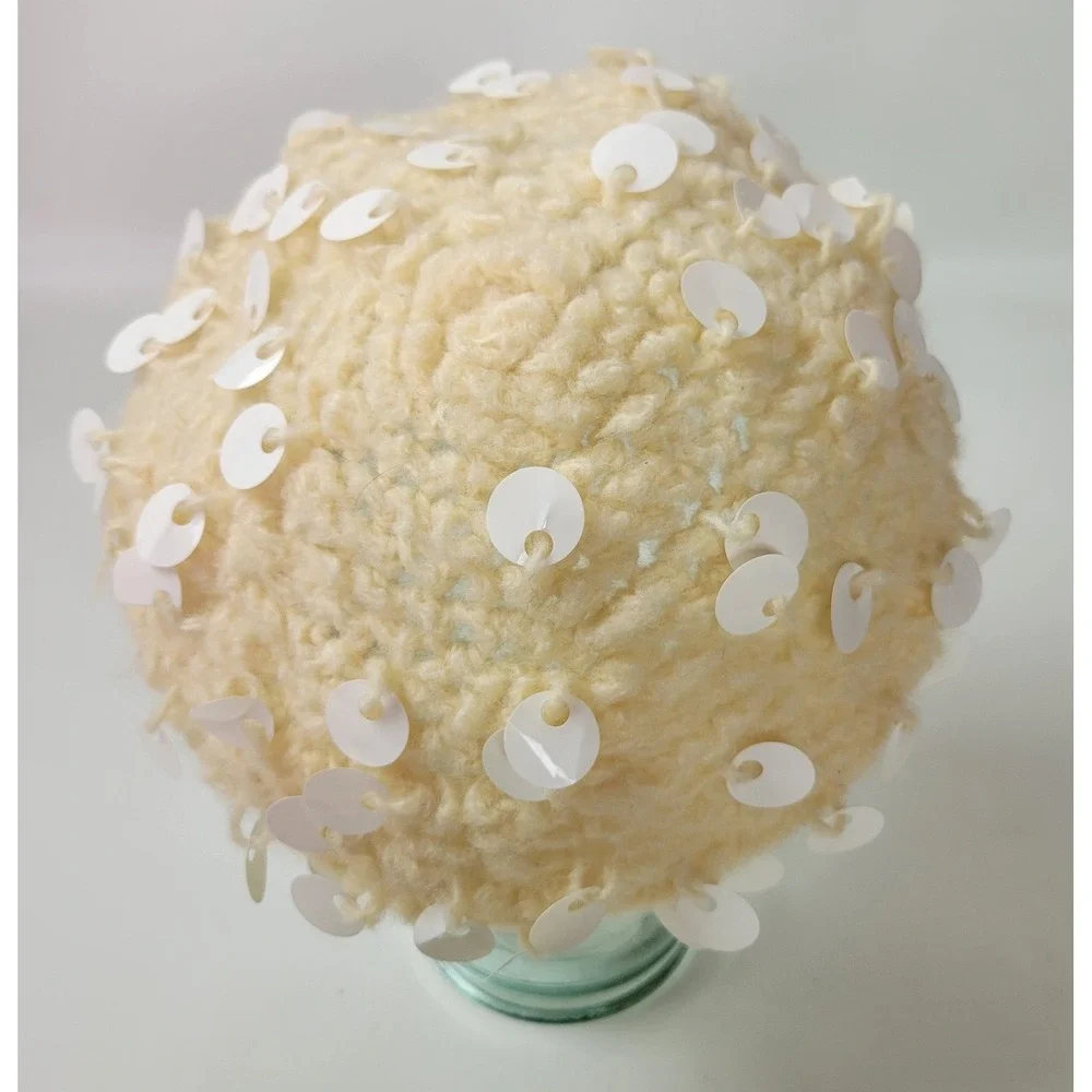 Vintage 1960s Hand Crocheted Virgin Wool Beret‎ White Sequin Cream Made in Japan - Picture 4 of 8